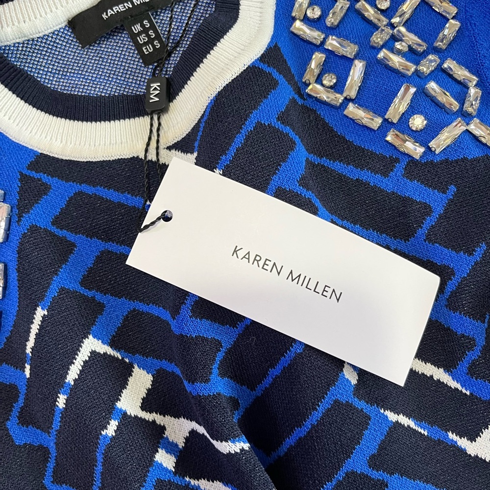 Karen Millen Blue Black sporty jacquard knit top embellished Geometric Blouse S - Picture 5 of 9